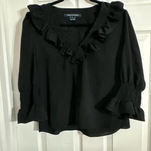 French Connection Black Ruffle V Neck Blouse